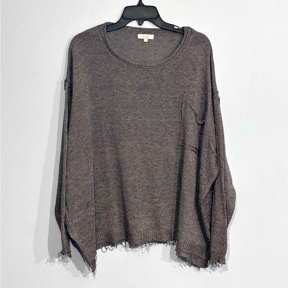 easel Sweaters - easel Brown Scoop Neck Distressed Hem Sweater